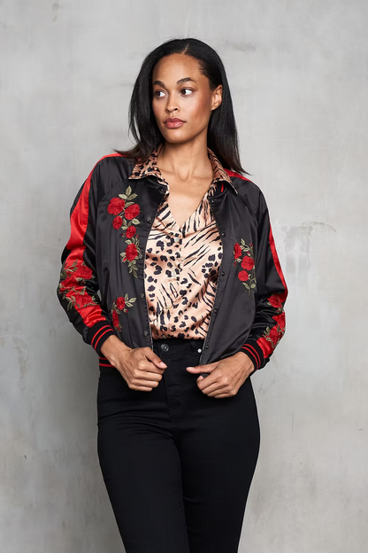 REVERSIBLE SATIN ROSES JACKET IN BLACK COMBO FRONT VIEW