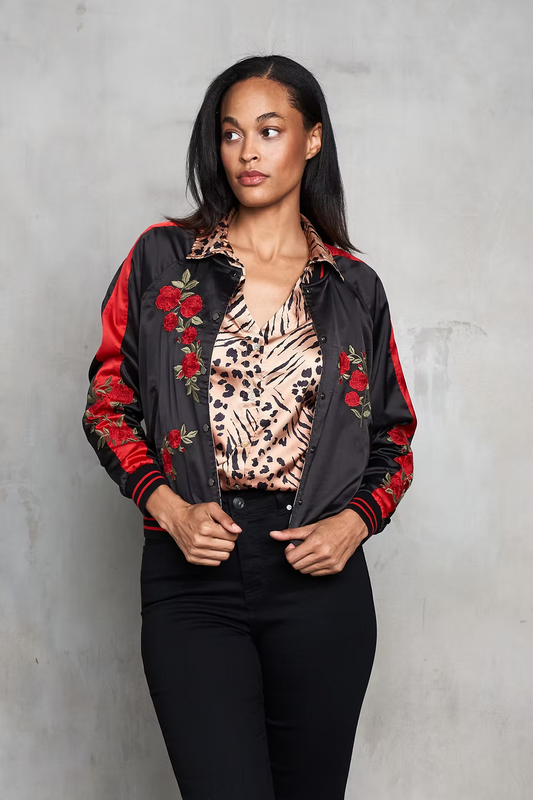 REVERSIBLE SATIN ROSES JACKET IN BLACK COMBO FRONT VIEW