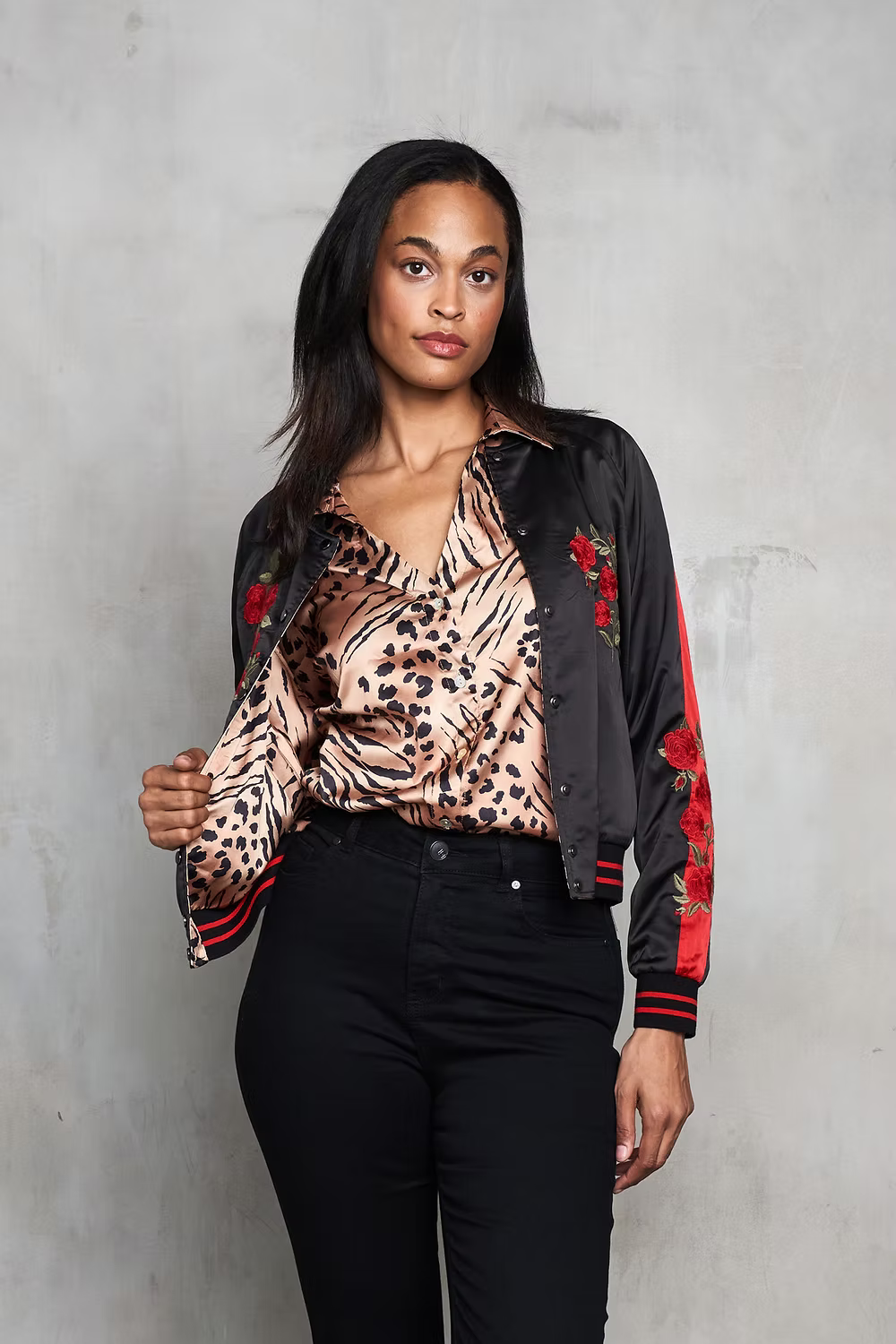 REVERSIBLE SATIN ROSES JACKET IN BLACK COMBO FRONT VIEW