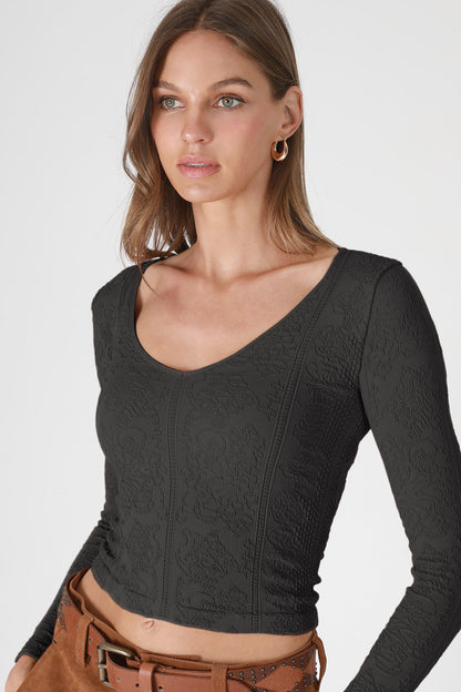 LACE TEXTURED LONG SLEEVE TOP IN BLACK FRONT VIEW