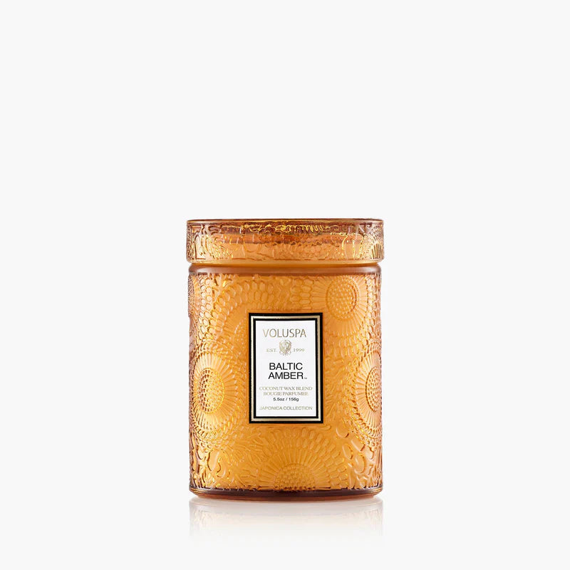 Amber textured jar candle with amber lid and Baltic Amber label