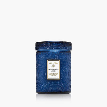 Blue textured jar candle with dark lid and Mediterranean Lemon label