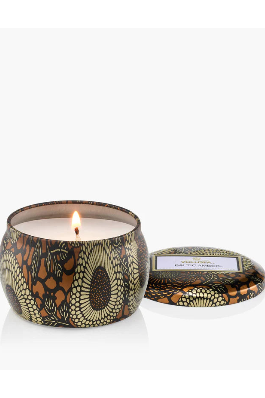 Mini tin candle, patterned amber-brown tin with lit wick and matching lid