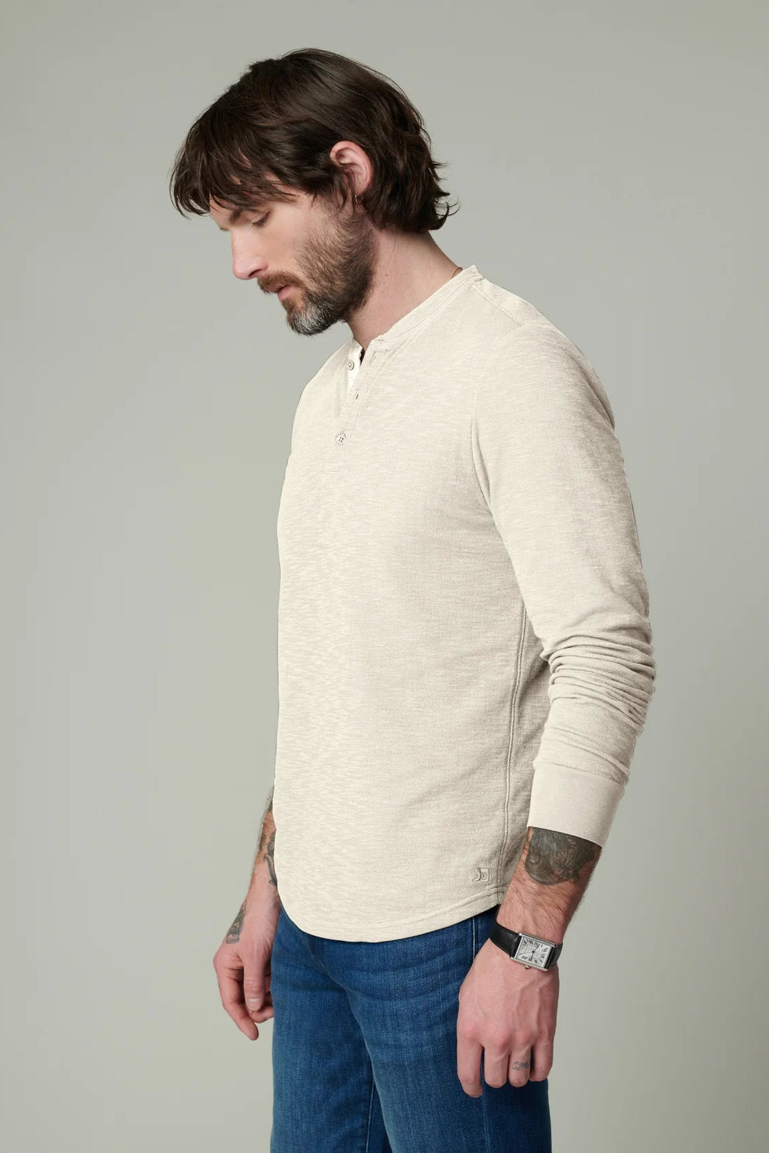 DWIGHT DOUBLE FACE HENLEY IN CHALK SIDE VIEW
