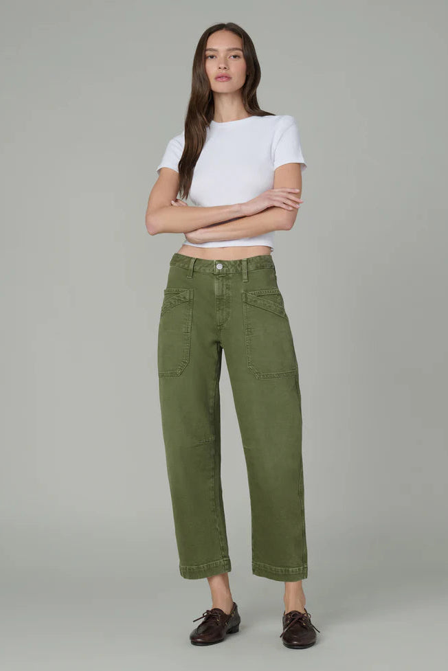 DOUBLE POCKET BARREL JEAN IN WINTER MOSS FRONT VIEW