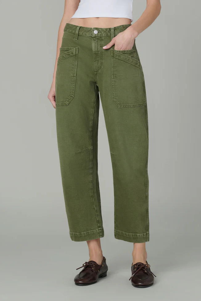 DOUBLE POCKET BARREL JEAN IN WINTER MOSS FRONT VIEW