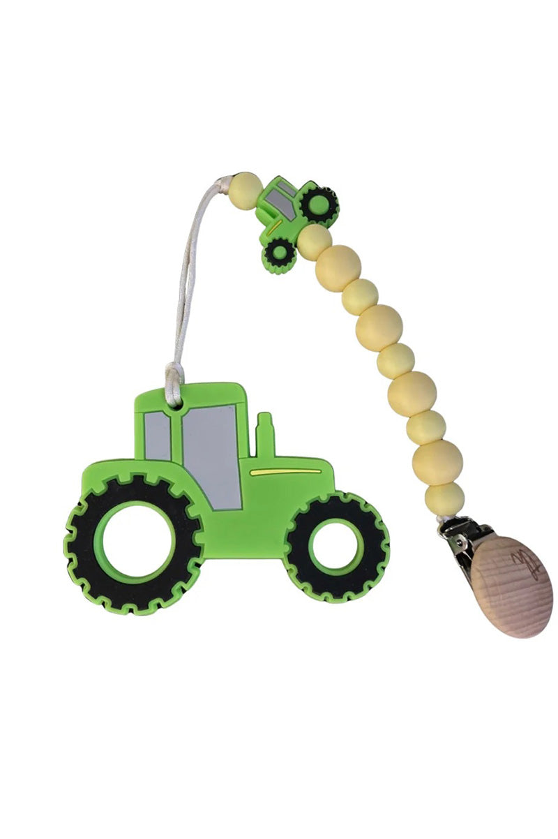Teether and clip green tractor