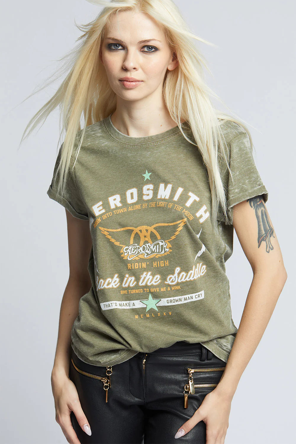 AEROSMITH RIDIN HIGH TEE IN OLIVE FRONT VIEW