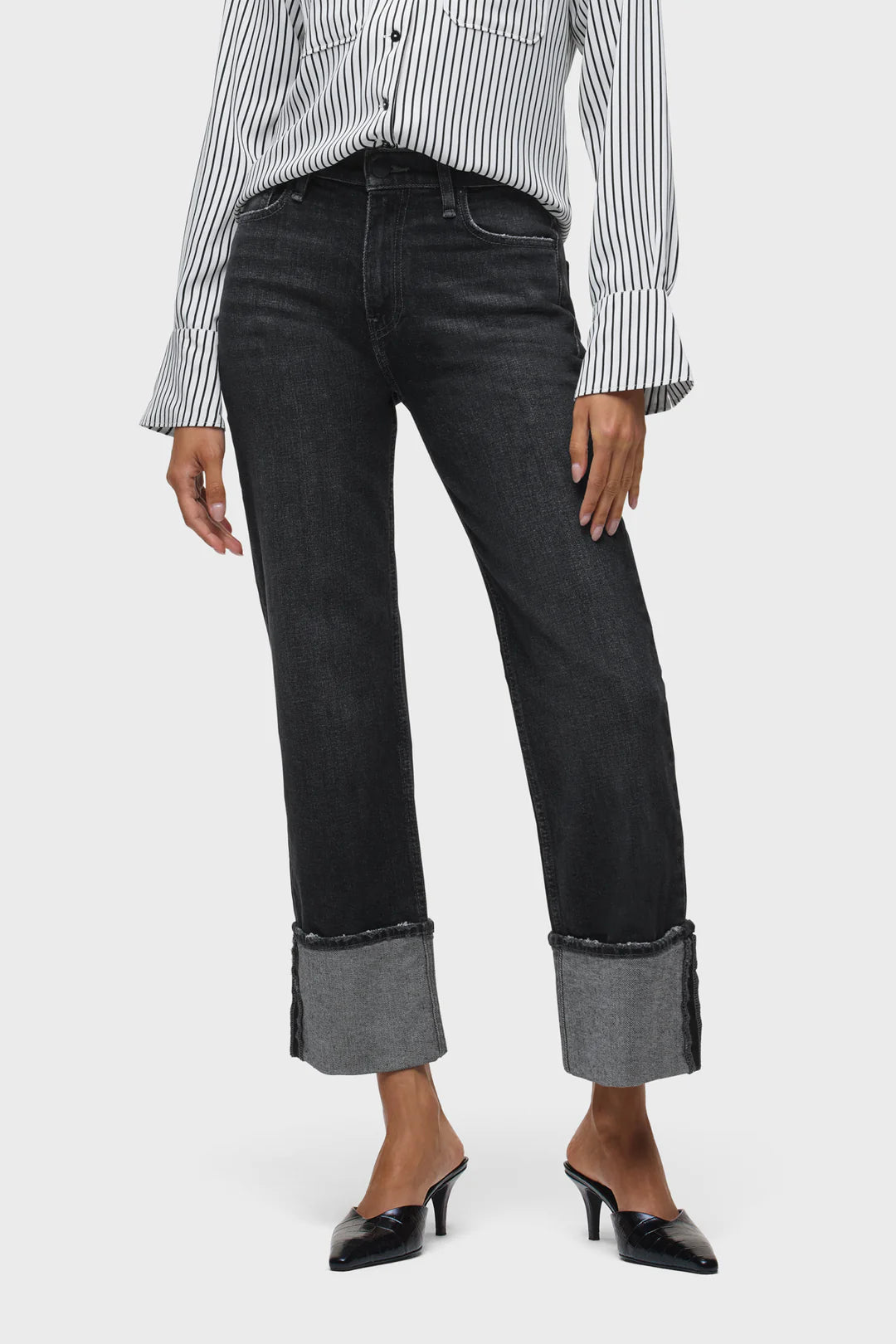 REMI HIGH RISE ANKLE W/ WIDE CUFF IN WASHED BLACK FRONT VIEW