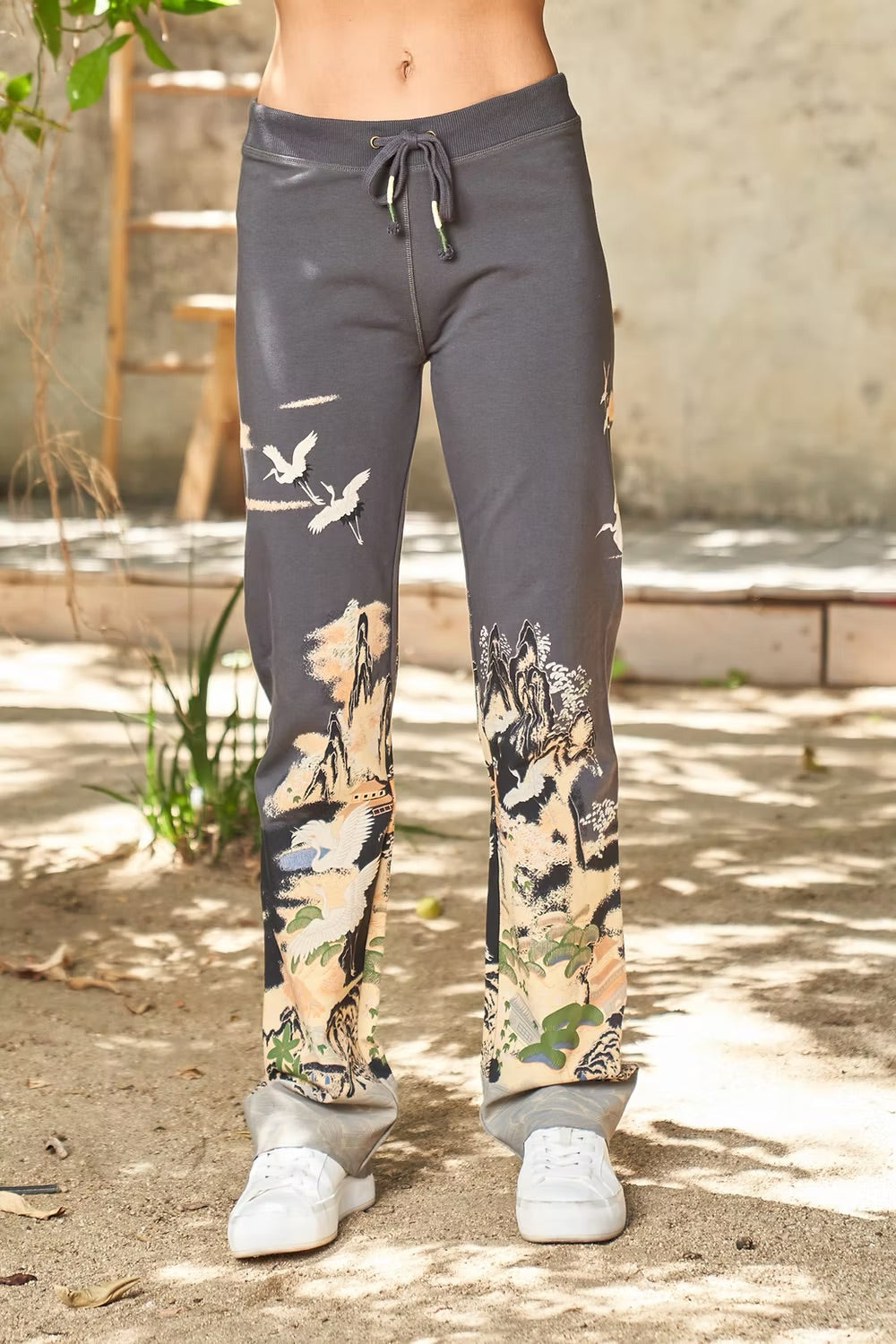 Cranes print pant in charcoal front view