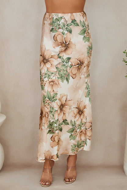 WILD HIBISCUS PRINT SKIRT IN BEIGE FRONT VIEW