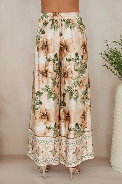 WILD HIBISCUS WIDE LEG SILKY PANTS IN BEIGE BACK VIEW