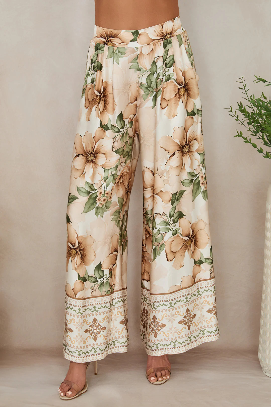 WILD HIBISCUS WIDE LEG SILKY PANTS IN BEIGE FRONT VIEW