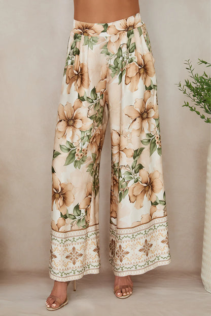 WILD HIBISCUS WIDE LEG SILKY PANTS IN BEIGE FRONT VIEW