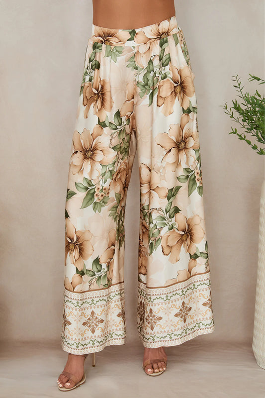 WILD HIBISCUS WIDE LEG SILKY PANTS IN BEIGE FRONT VIEW
