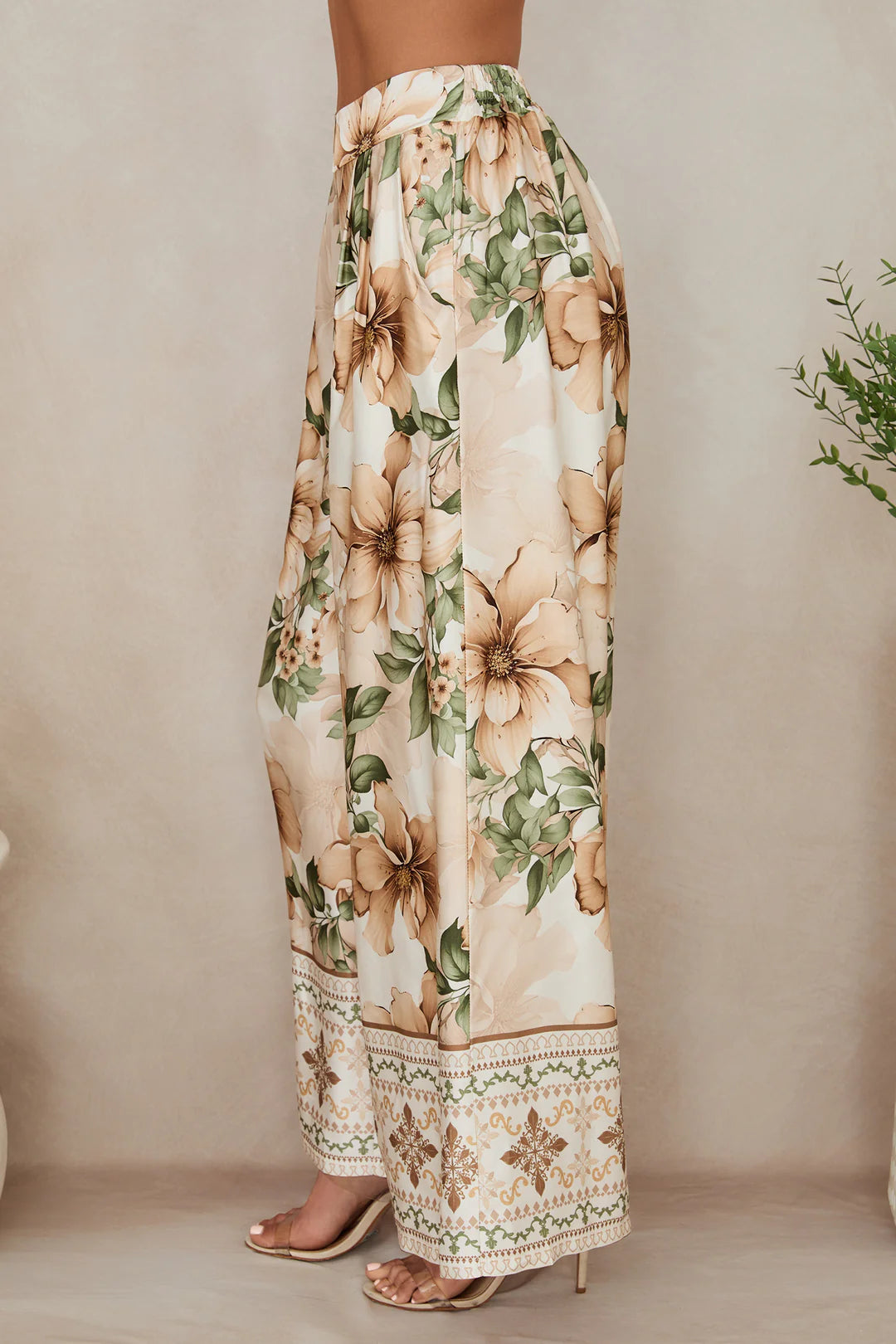 WILD HIBISCUS WIDE LEG SILKY PANTS IN BEIGE SIDE VIEW