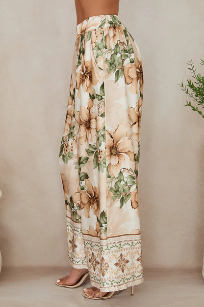 WILD HIBISCUS WIDE LEG SILKY PANTS IN BEIGE SIDE VIEW
