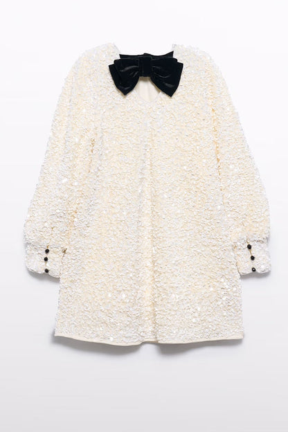 SEQUIN VELVET DRESS IN CREAM BACK VIEW