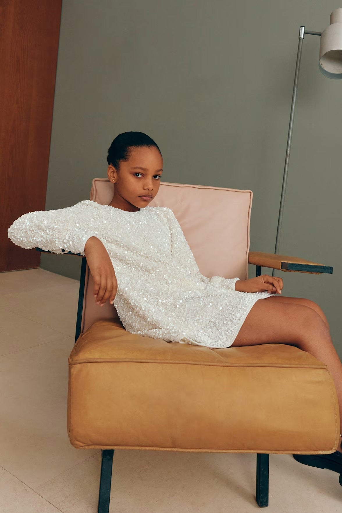 SEQUIN VELVET DRESS IN CREAM FRONT VIEW