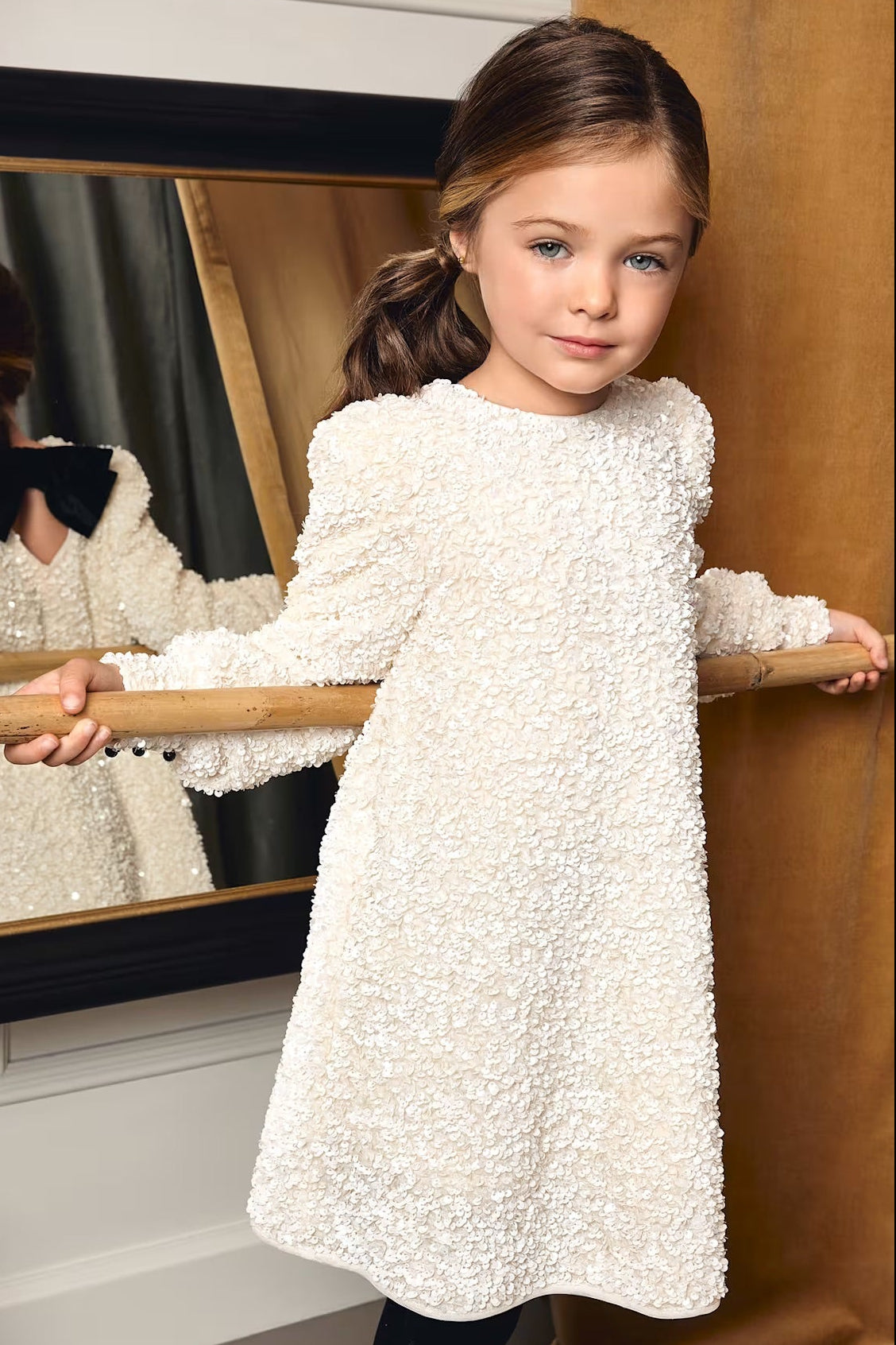 SEQUIN VELVET DRESS IN CREAM FRONT VIEW