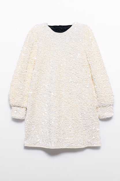 SEQUIN VELVET DRESS IN CREAM FRONT VIEW