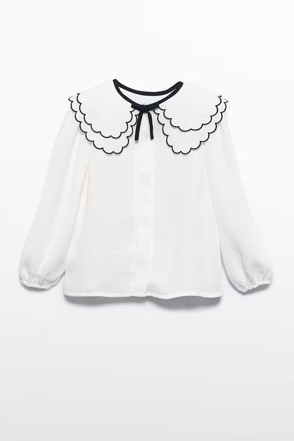 CHIFFON BLOUSE w/ EMBELLISHED COLLAR IN CREAM FRONT VIEW