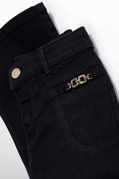 FLARED DENIM PANTS IN BLACK POCKET DETAIL VIEW