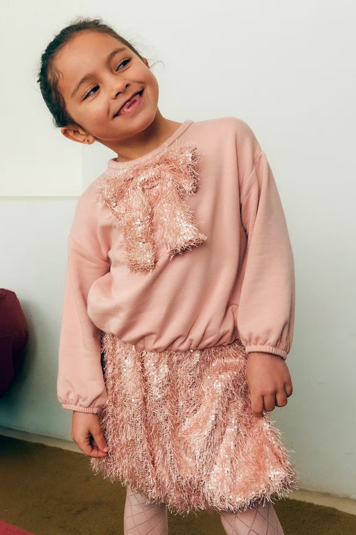 SEQUIN FRINGE SKIRT SET IN PETAL FRONT VIEW