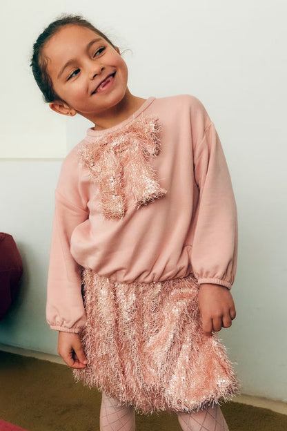 SEQUIN FRINGE SKIRT SET IN PETAL FRONT VIEW