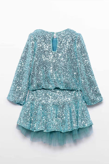 SEQUIN SKIRT SET IN AQUA BACK VIEW