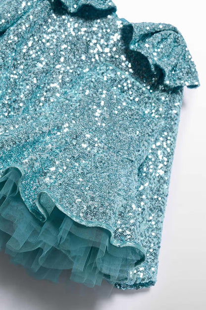SEQUIN SKIRT SET IN AQUA DETAIL VIEW