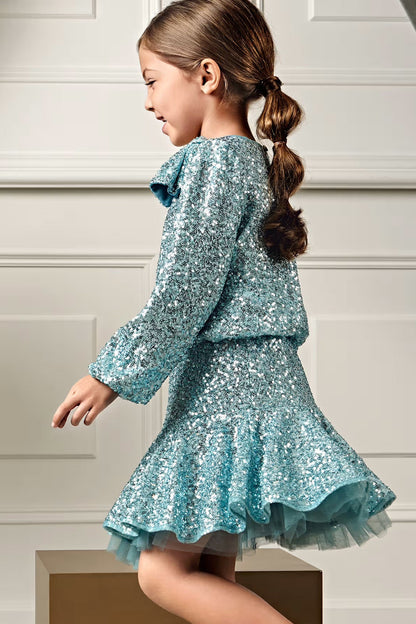 SEQUIN SKIRT SET IN AQUA SIDE VIEW