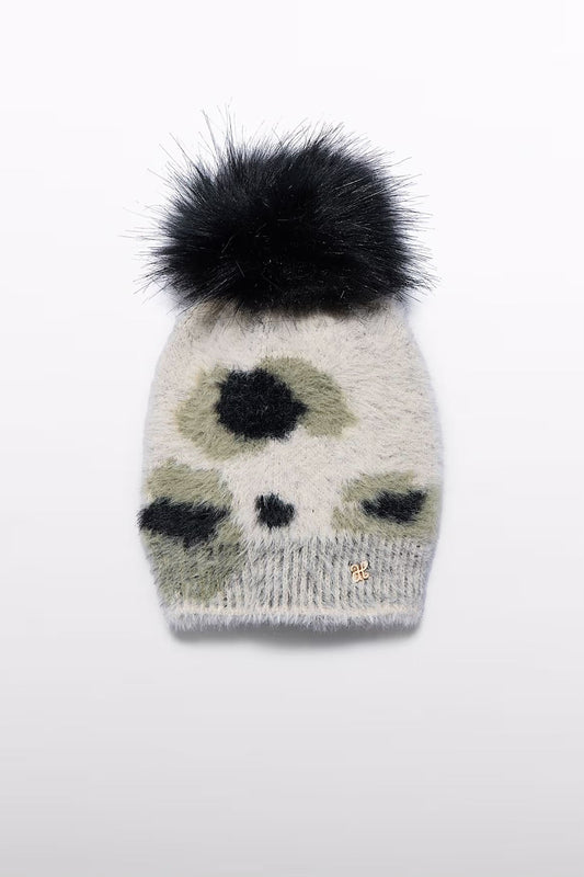 JACQUARD TRICOT FUR CAP IN BEIGE AND MARZIPAN FRONT VIEW