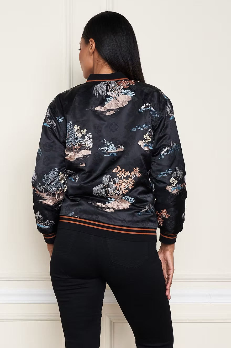 SATIN EMBLEM ZEN GARDEN BBALL JACKET IN ZEN GARDEN BACK VIEW