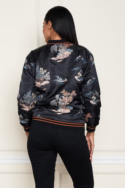 SATIN EMBLEM ZEN GARDEN BBALL JACKET IN ZEN GARDEN BACK VIEW