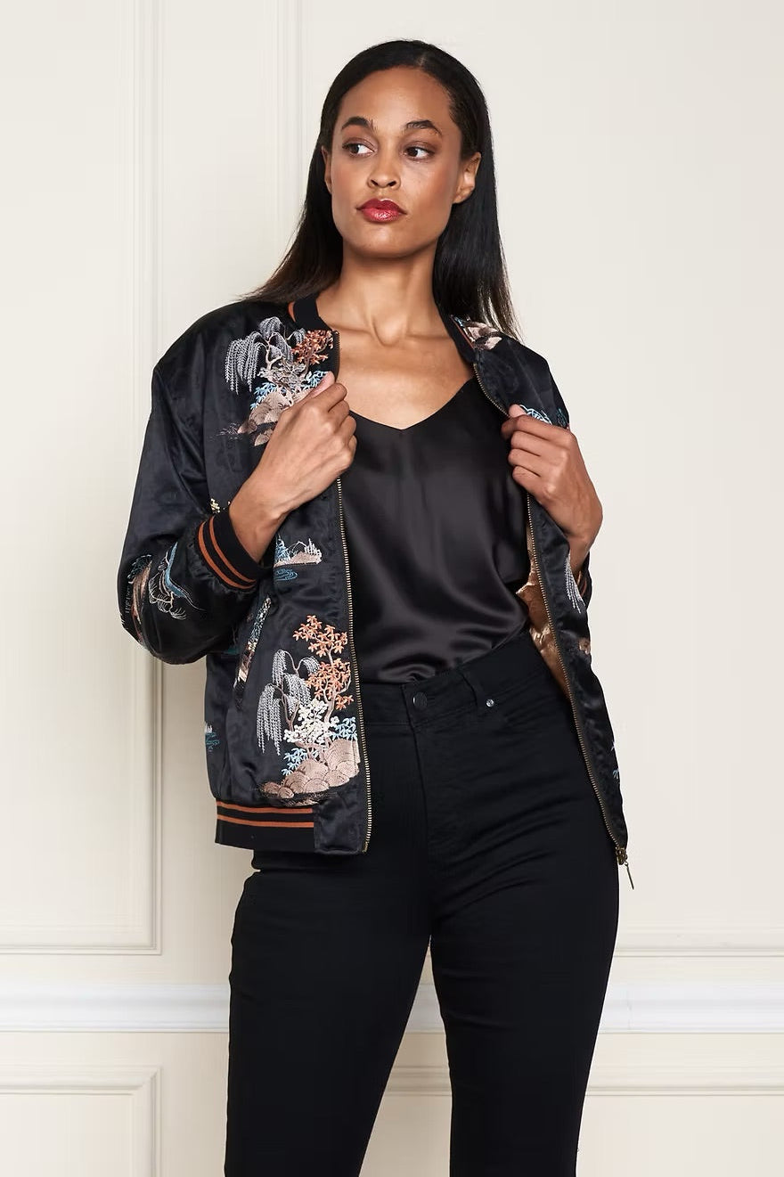 SATIN EMBLEM ZEN GARDEN BBALL JACKET IN ZEN GARDEN FRONT VIEW