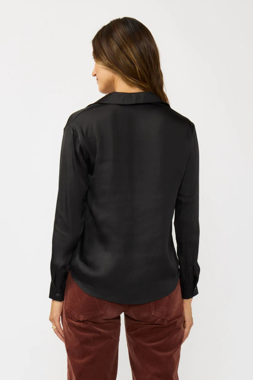LONG SLEEVE SPLIT NECK BLOUSE w/ COLLAR IN BLACK BACK VIEW