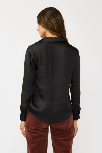 LONG SLEEVE SPLIT NECK BLOUSE w/ COLLAR IN BLACK BACK VIEW