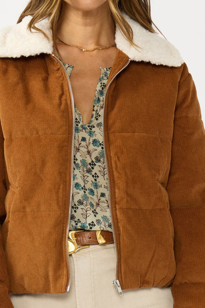 CORDUROY PUFFER JACKET IN CAMEL CLOSEUP VIEW