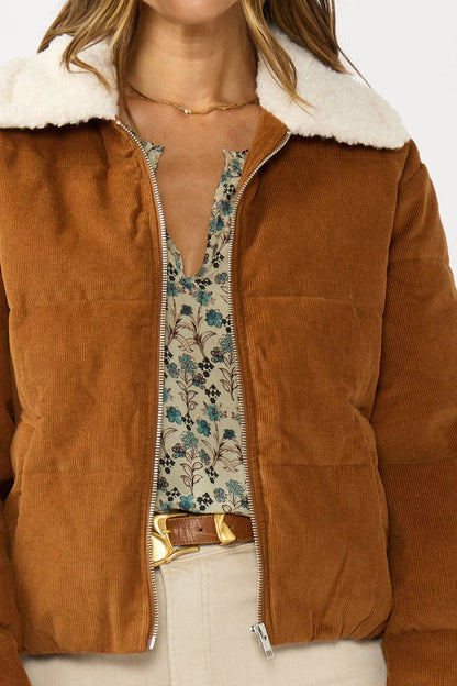 CORDUROY PUFFER JACKET IN CAMEL CLOSEUP VIEW
