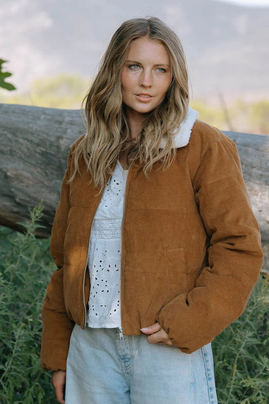 CORDUROY PUFFER JACKET IN CAMEL FRONT VIEW