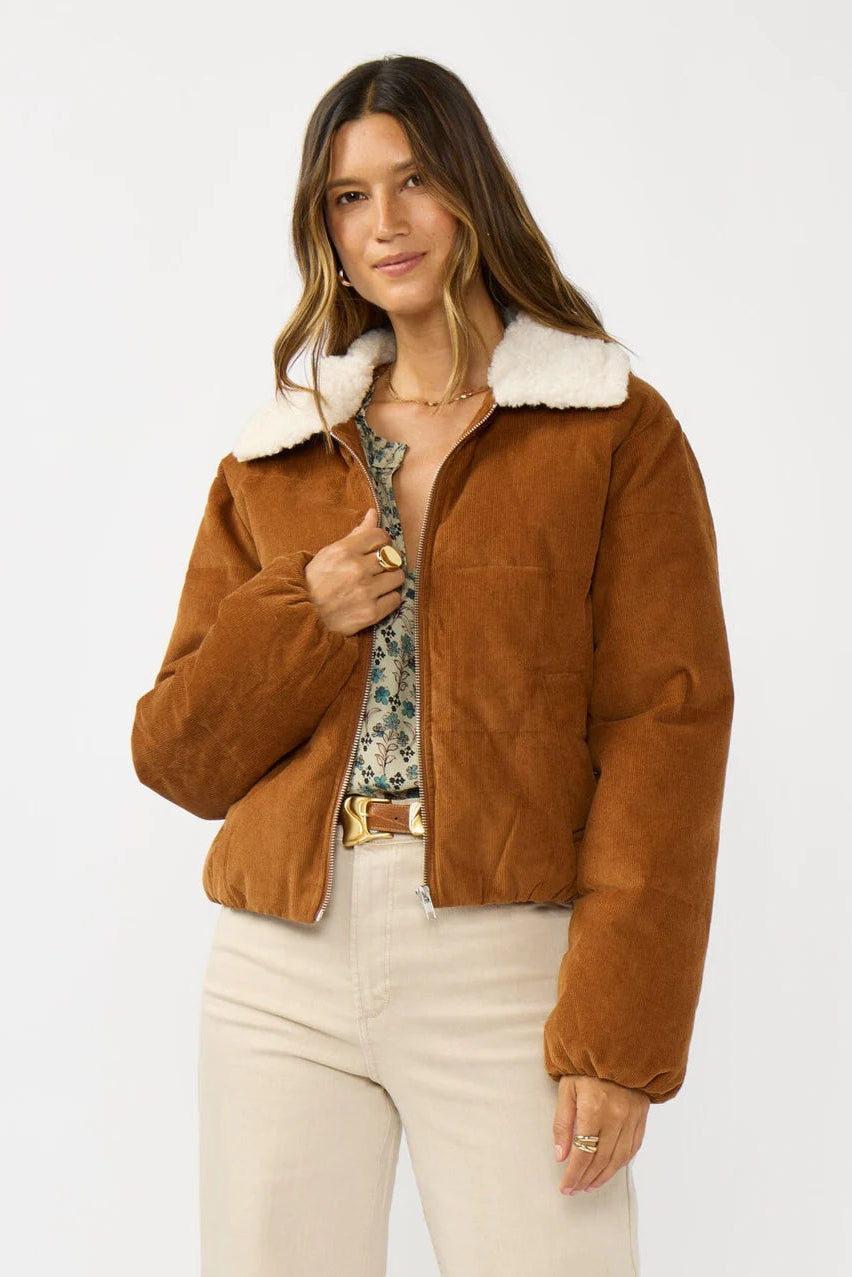 CORDUROY PUFFER JACKET IN CAMEL FRONT VIEW