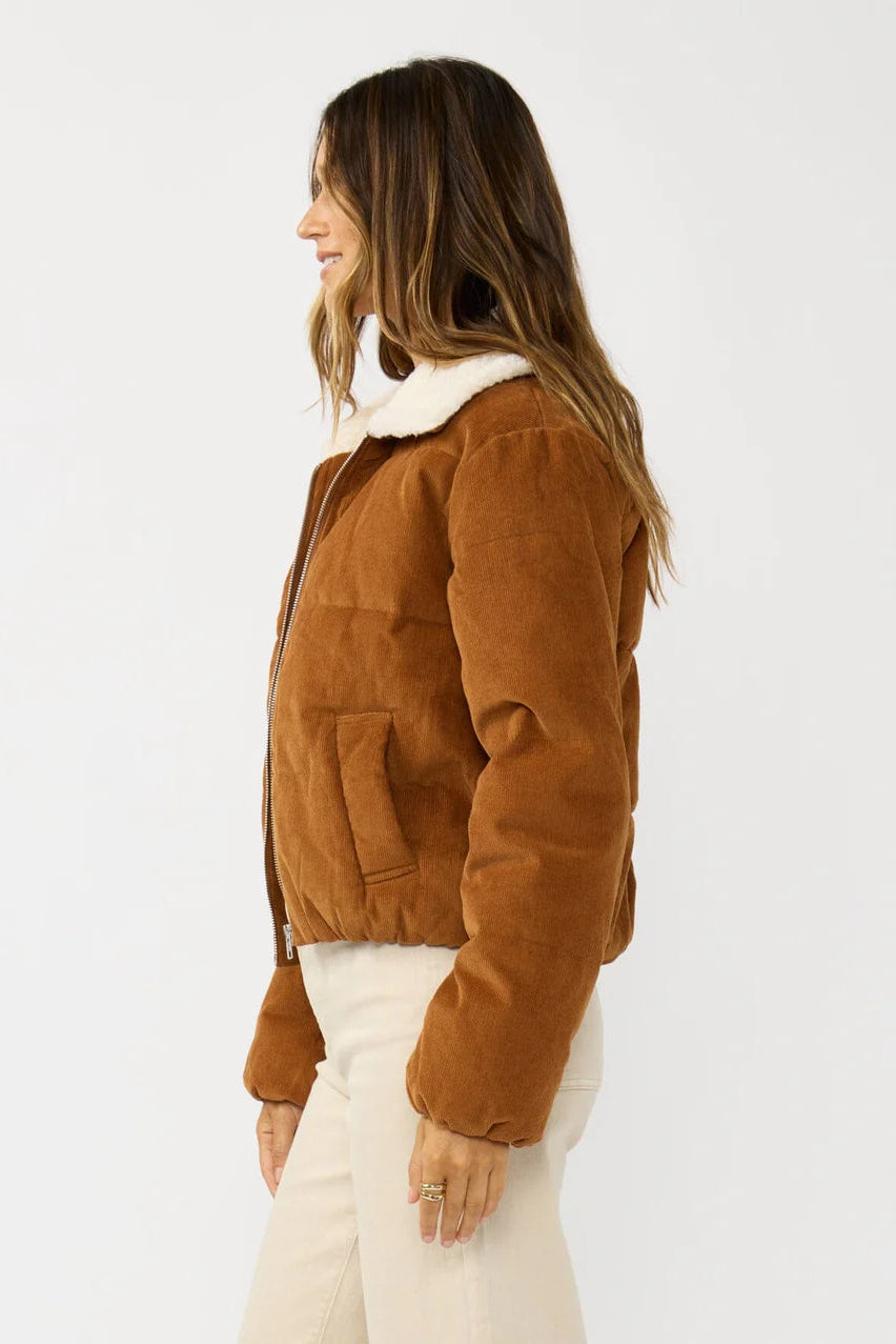 CORDUROY PUFFER JACKET IN CAMEL SIDE VIEW