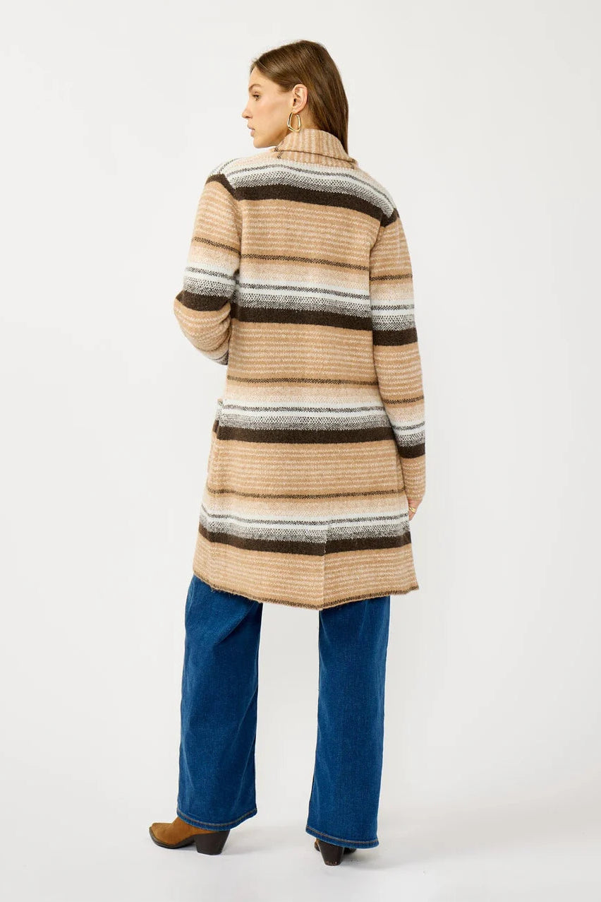 STRIPE COATIGAN IN CAMEL AND BROWN BACK VIEW