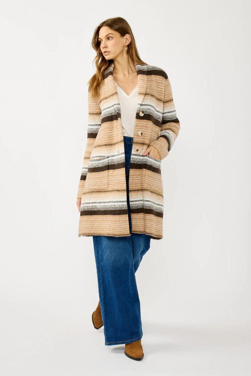 STRIPE COATIGAN IN CAMEL AND BROWN FRONT VIEW