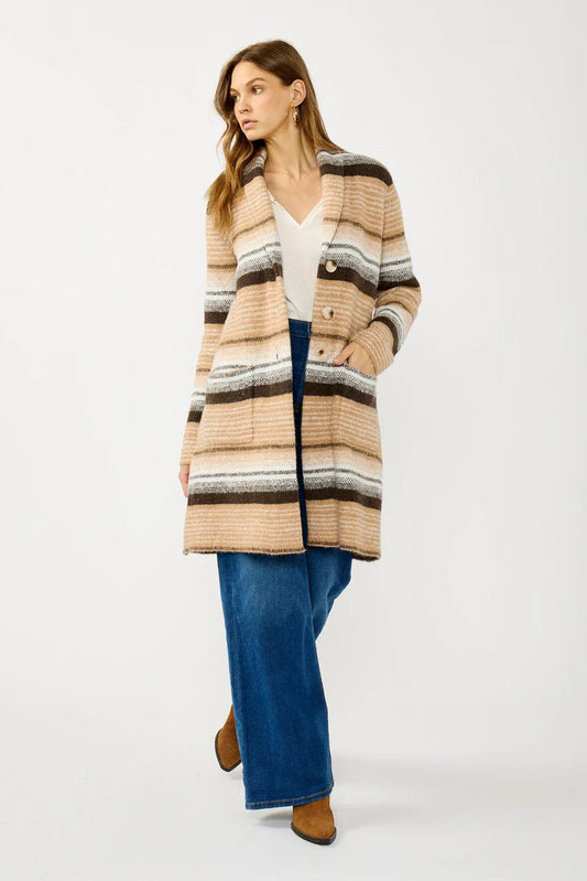 STRIPE COATIGAN IN CAMEL AND BROWN FRONT VIEW