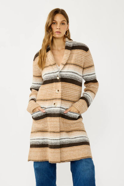 STRIPE COATIGAN IN CAMEL AND BROWN FRONT VIEW