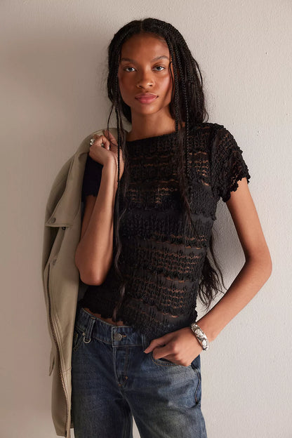 ANGELINA LACE TEE IN BLACK FRONT VIEW