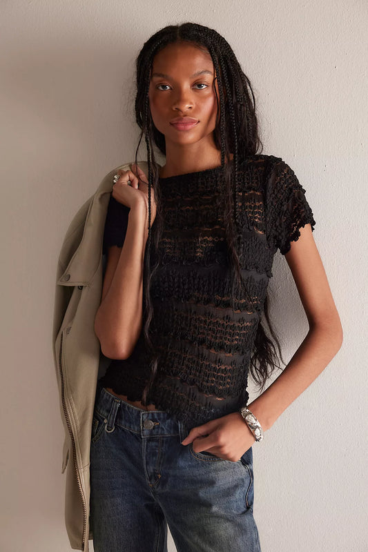 ANGELINA LACE TEE IN BLACK FRONT VIEW