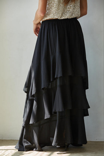 FAY TIERED RUFFLE SKIRT IN BLACK BACK VIEW